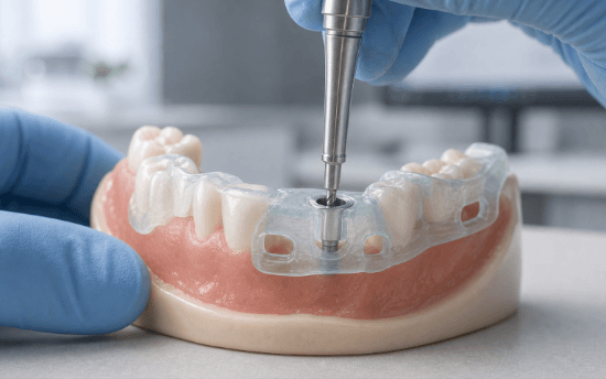 Gloved clinician using a tooth-supported surgical guide on a dental model