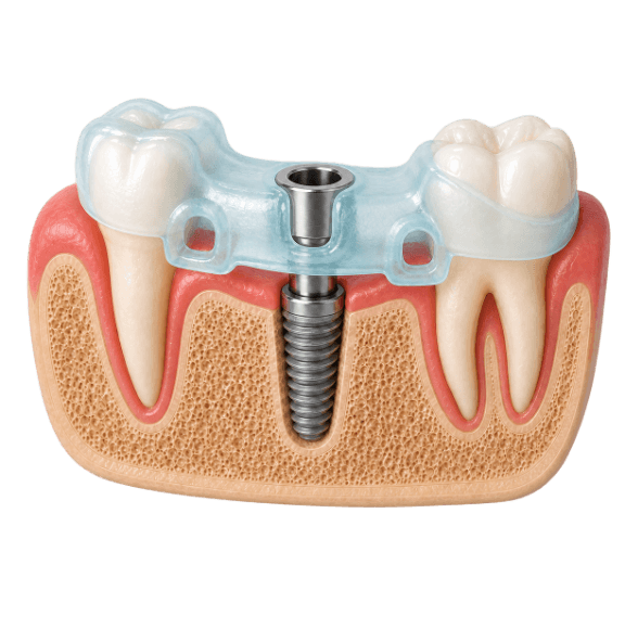 3D cutaway model of a surgical guide seated over the teeth with an implant placed through the guide sleeve