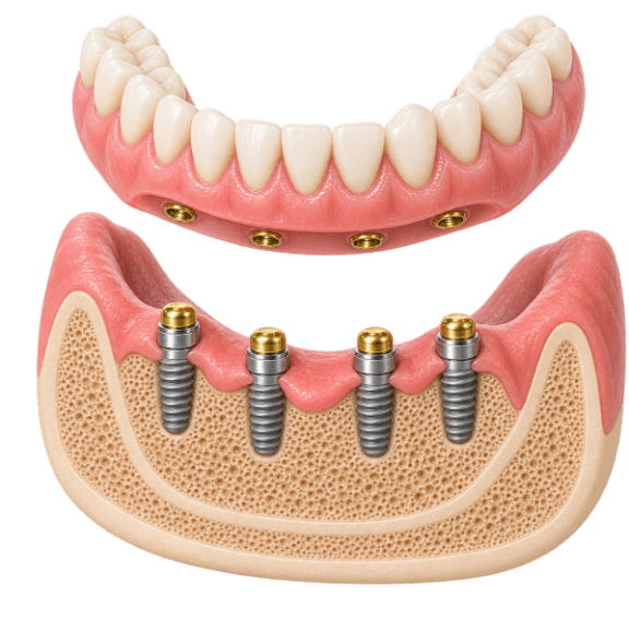 3D model of a removable overdenture above four implants with locator attachments in the lower jaw