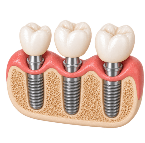 3D cutaway model of three dental implants with crowns side by side in the jaw