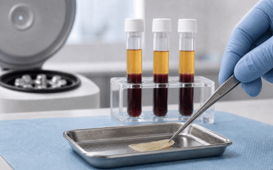 Clinical centrifuge workflow with separated blood tubes and a prepared platelet-rich fibrin membrane