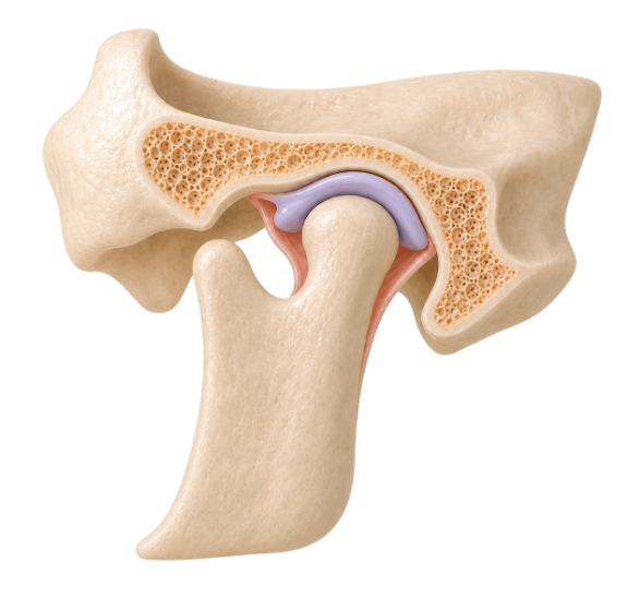 3D cutaway model of the temporomandibular joint showing the condyle and articular disc